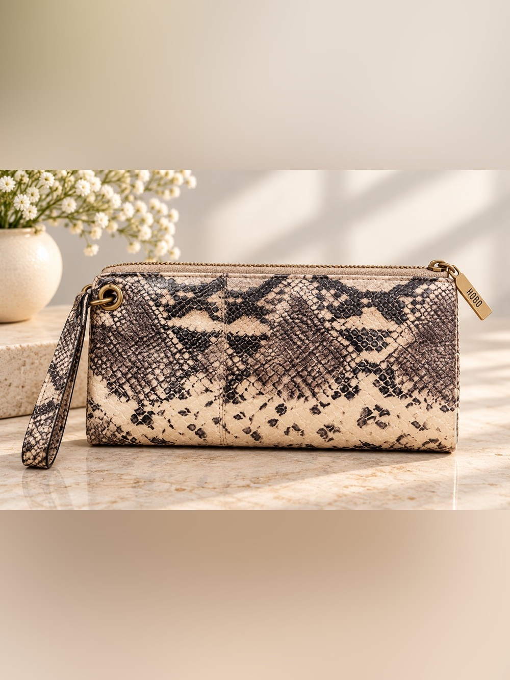 HOBO International Snakeskin Print Leather Zip Around Wristlet Wallet